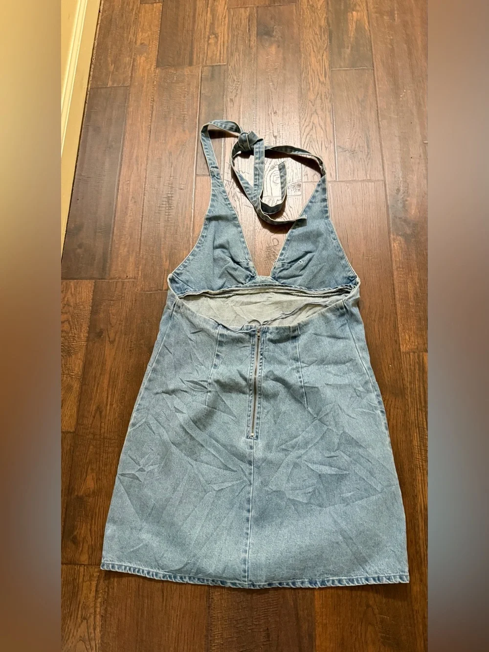 Free People Denim Halter Mini Dress • Open Back • Boho Western • Size XL